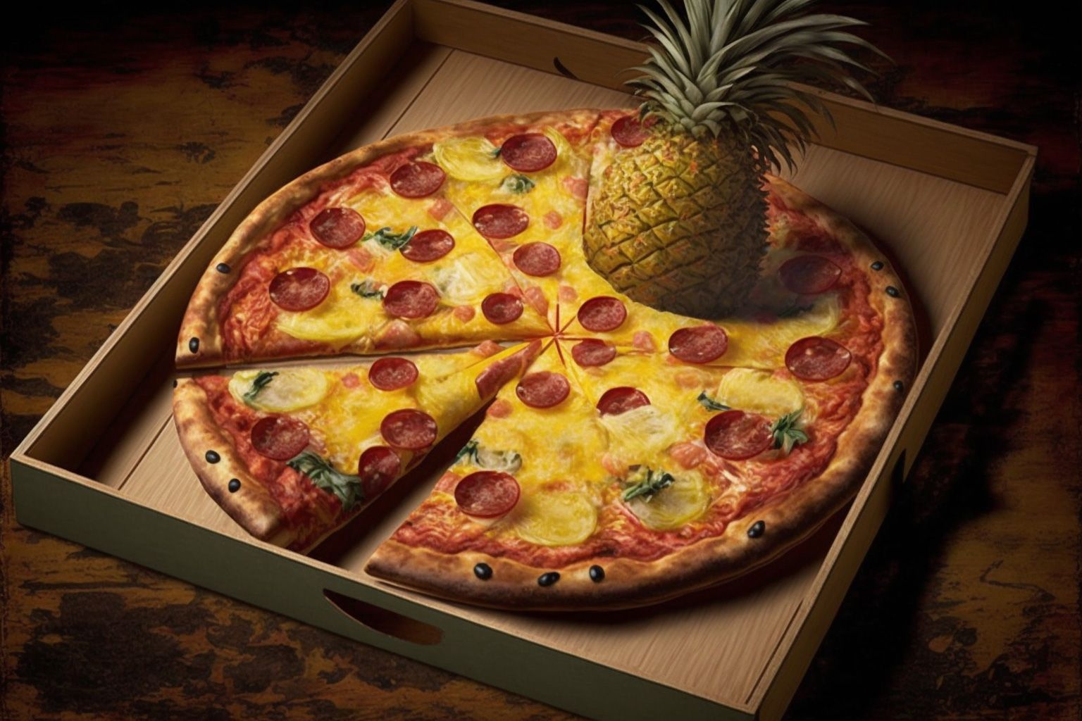 A pizza with slices of pepperoni and half a pineapple in an open pizza box