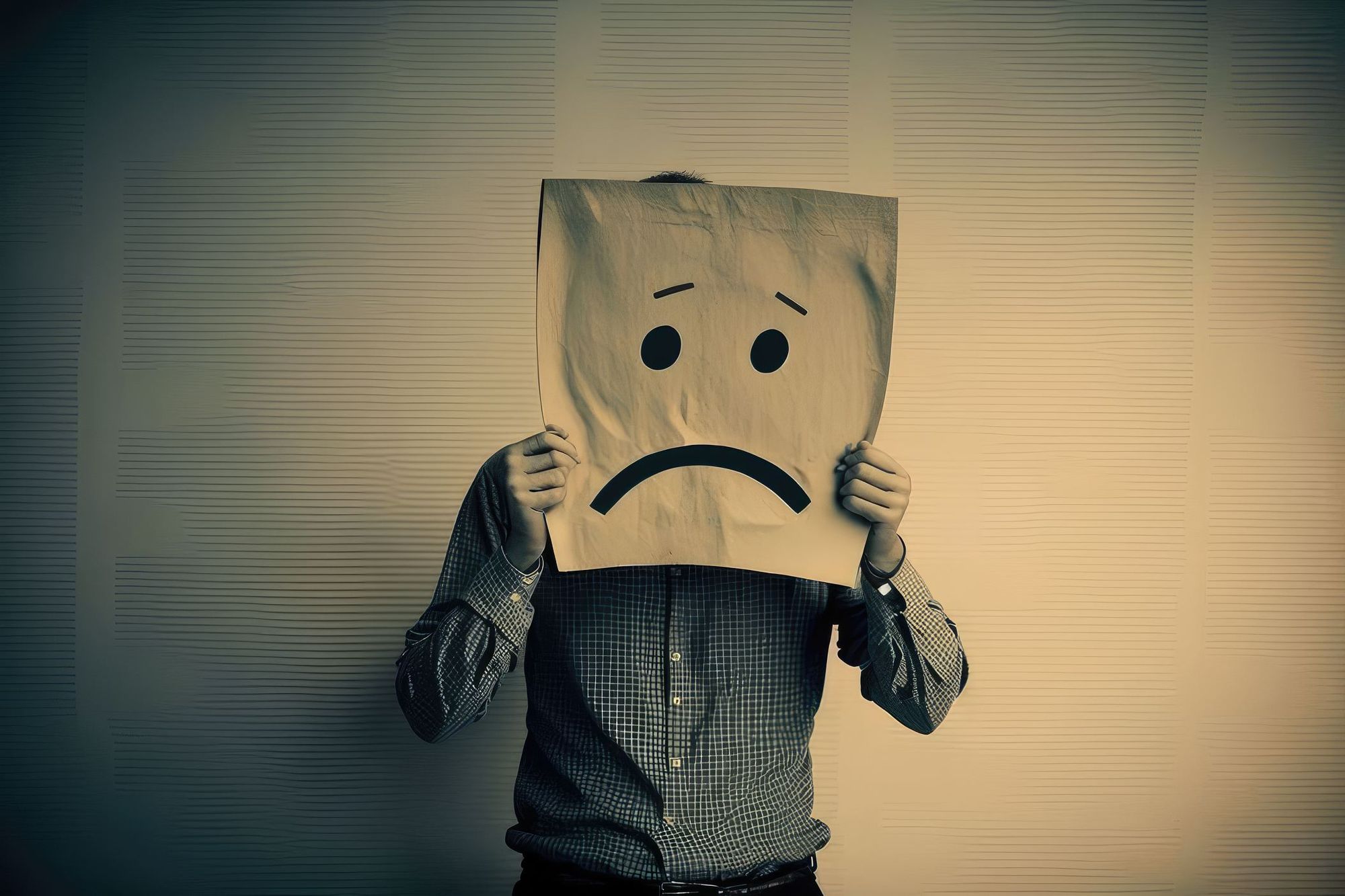 A man holding a large paper bag with a sad face emoji printed on it in front of his head