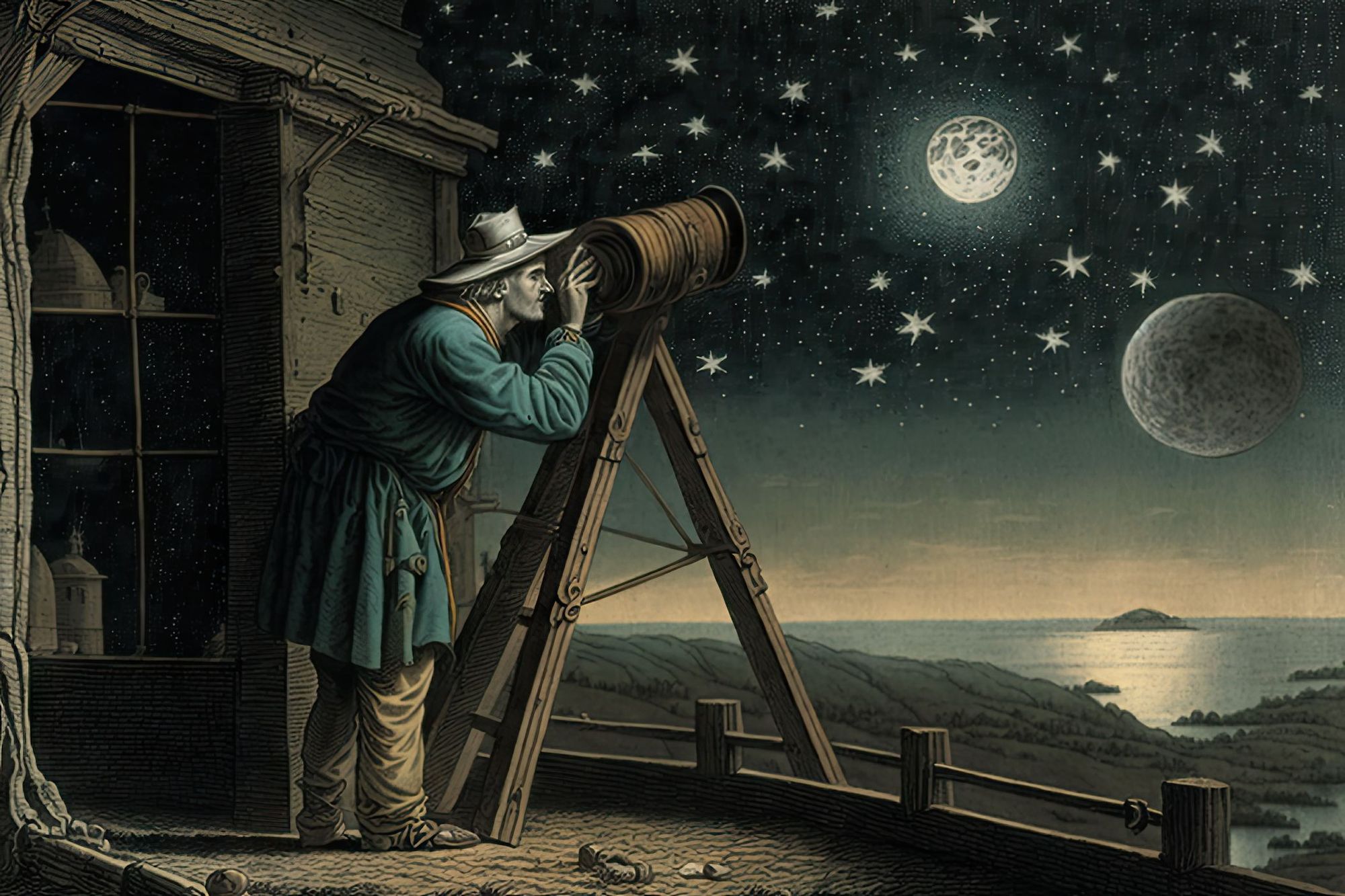 A man looking through a very old telescope under a night sky with stars, the moon and a large bright planet