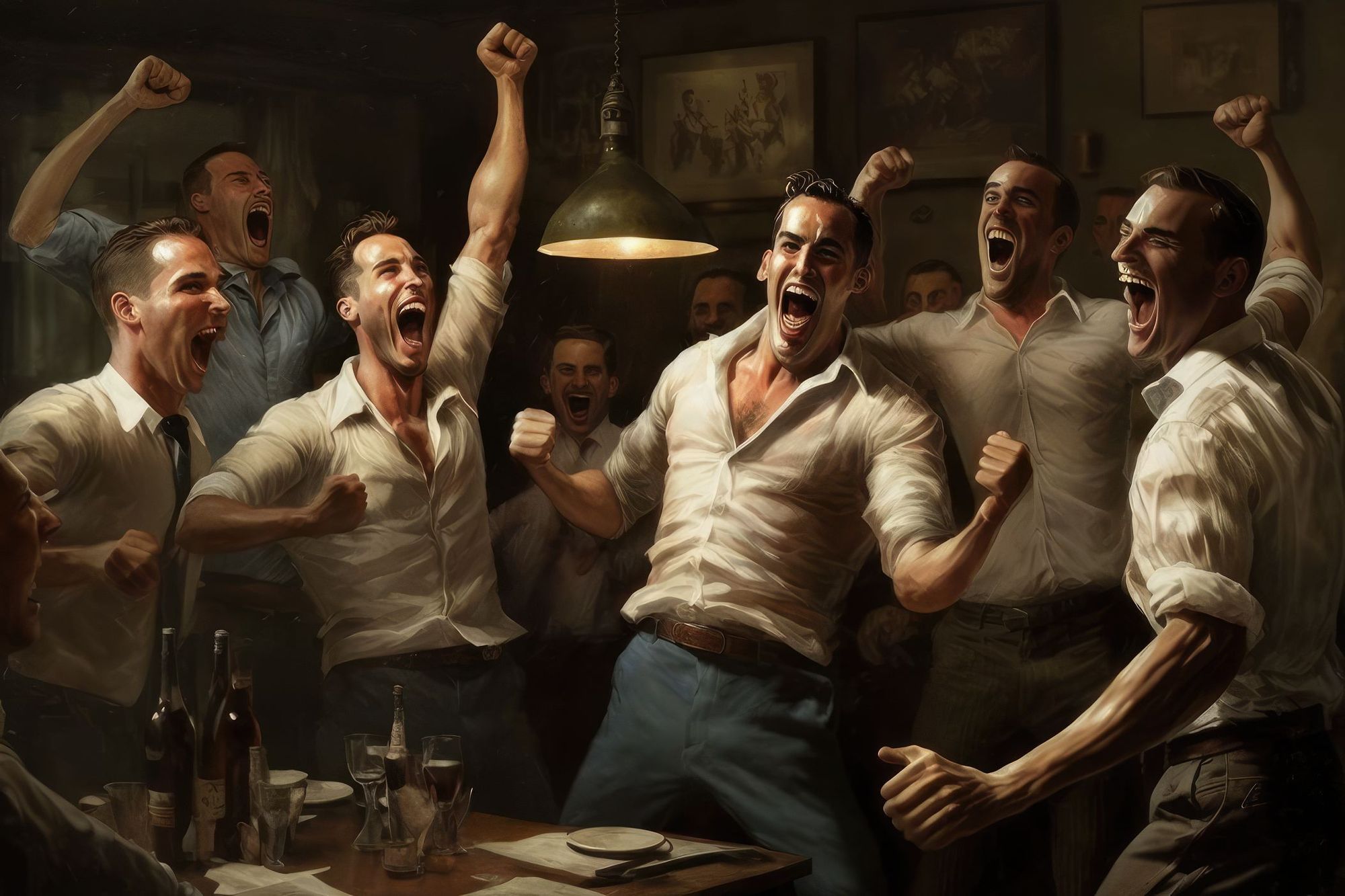 A group of bawling business men wearing white shirts celebrating in a bar or restaurant