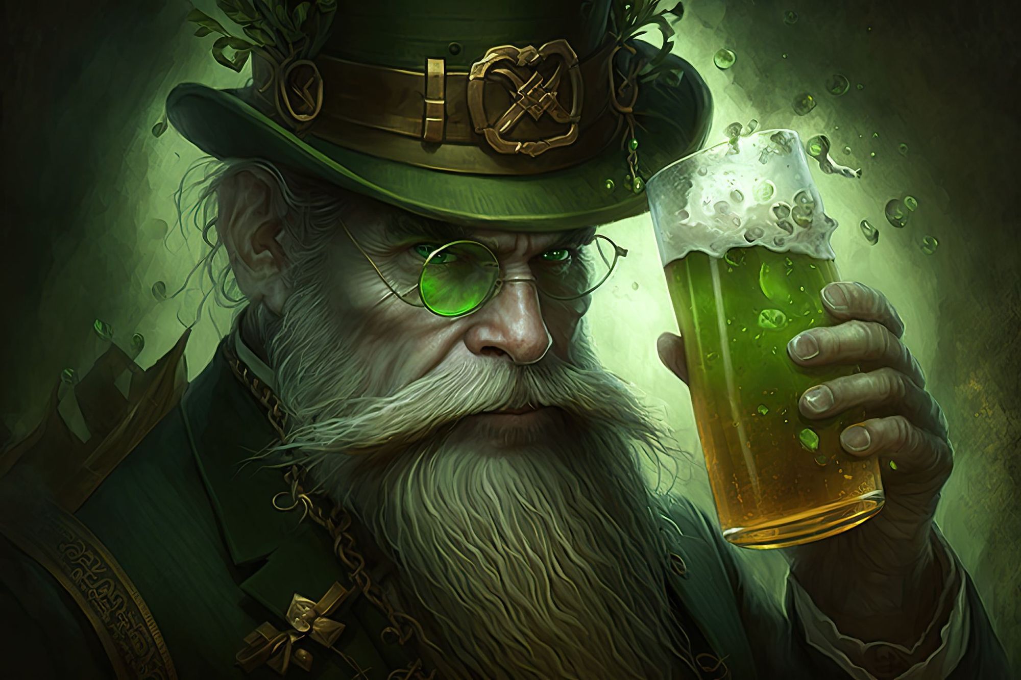An old man with a white beard, dressed in green toasting the viewer with a large pint of green beer