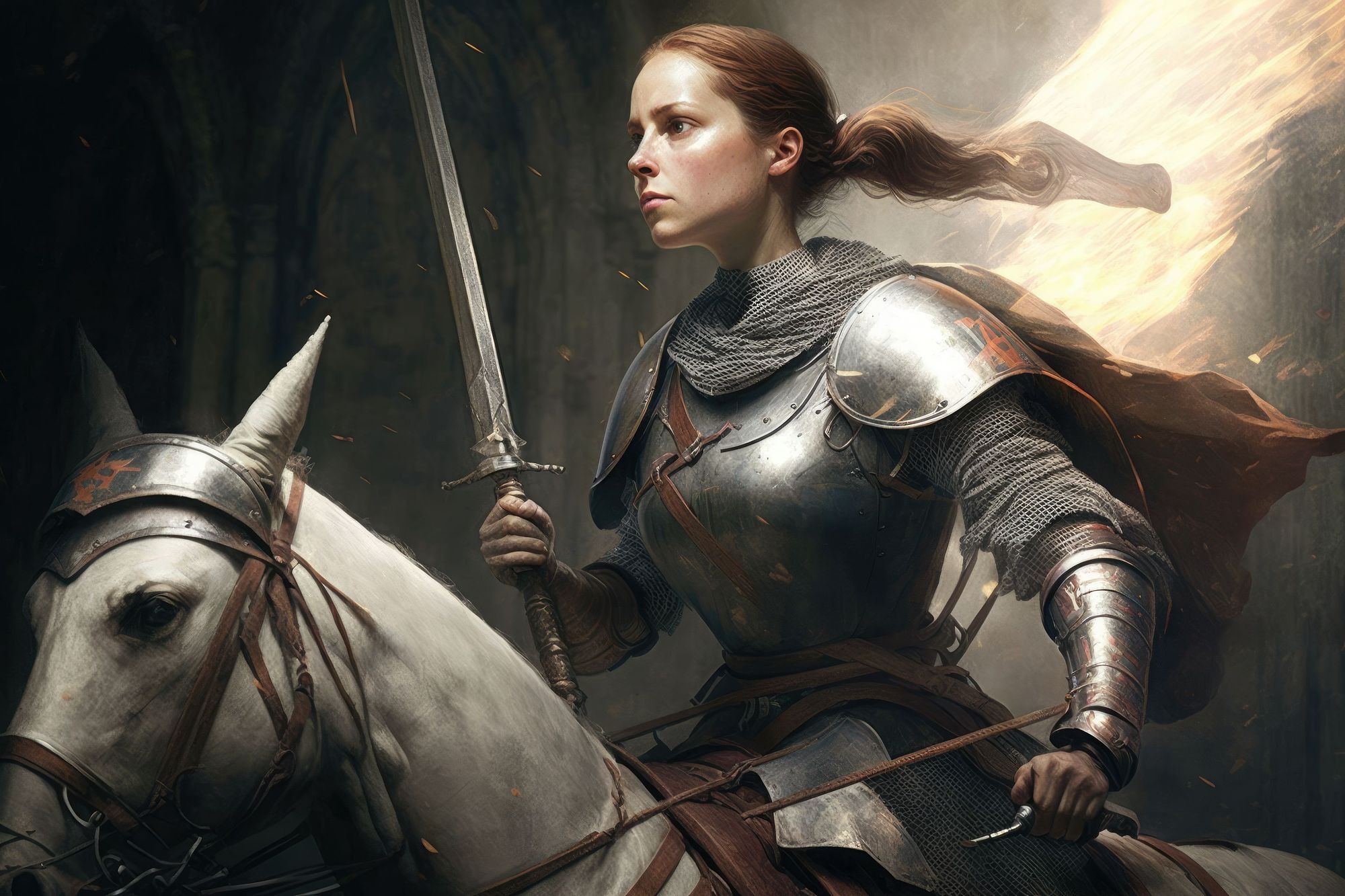 An illustration of Joan of Arc on horseback, brandishing a sword and wearing armor, ready to lead the charge into battle