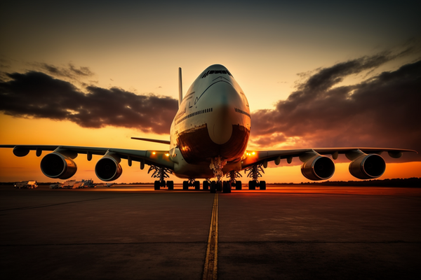 A Boeing 747 parked on a runway with the sunset in the background