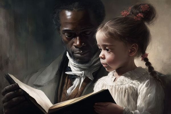 A black man, dressed in old fashioned clothes, reading a book to a little girl
