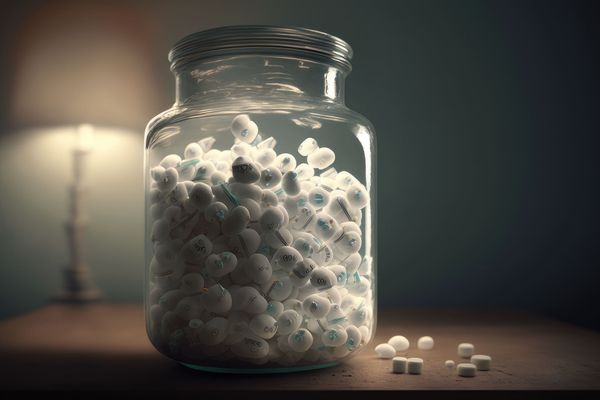 A jar full of little white pills, on a table with a lamp in the background