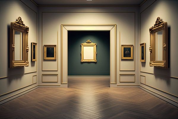 A room in a museum with empty frames on the walls