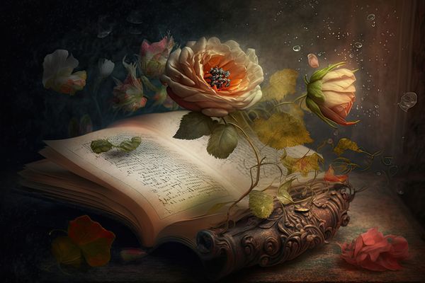 An open book on a table, two yellow roses in front of it, some petals and drops of water in the air.