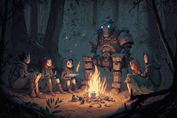 A robot and a group of human adventurers sitting around a campfire
