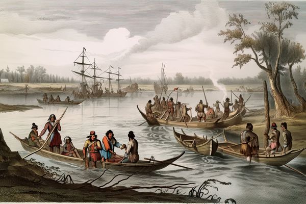 An old painting depicting people paddling large canoes along a river.