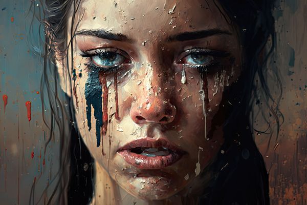 A realistic painting of a womans face with tears of black, red, and white paint running down her face