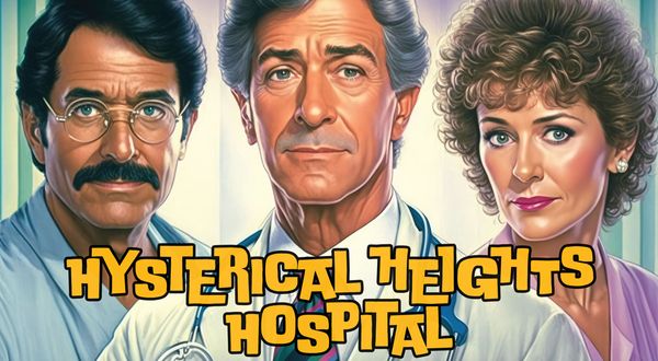 A patient, a doctor and a nurse looking at the camera, close-up, with a text overlay "Hysterical Heights Hospital"