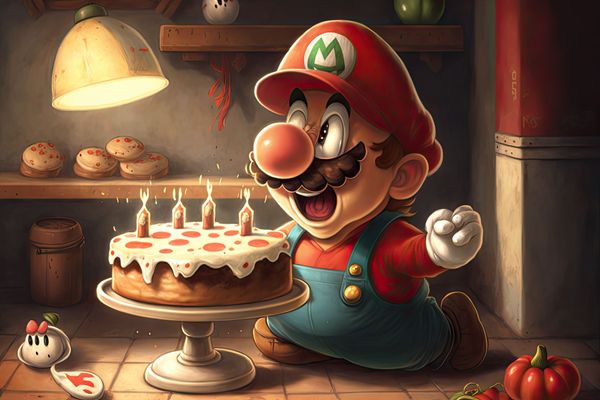 Mario celebrating his birthday with a cake