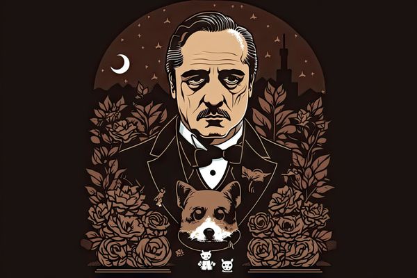 A dark illustration of a man with a mustache, surrounded by roses and a fox's head in front of him.