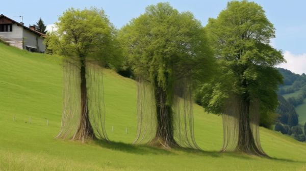 Trees growing spaghetti in the countryside of Switzerland