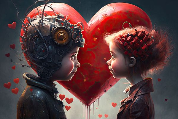 A boy and a girl drawn in cyberpunk style look at each other, seemingly in love. Behind them is a big red heart.