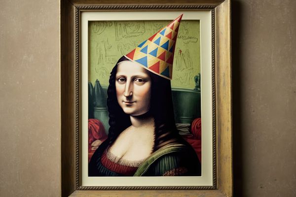 A framed paiting of the mona lisa with a party hat