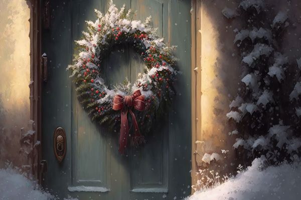 A door in winter, decorated with a wreath