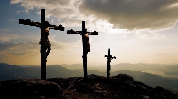 Three man, nailed on large crosses, on a mountain under a cloudy sky