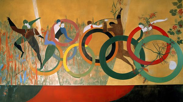 An abstract image with a lot of Olympic rings (not accurate) and figures in somewhat athletic poses.